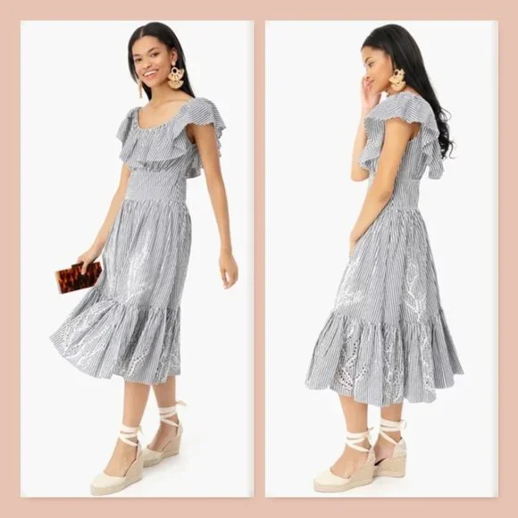 NWT Tory Burch Runway Striped Eyelet Embroidered Cotton Midi Dress Sz 4 - Picture 16 of 16